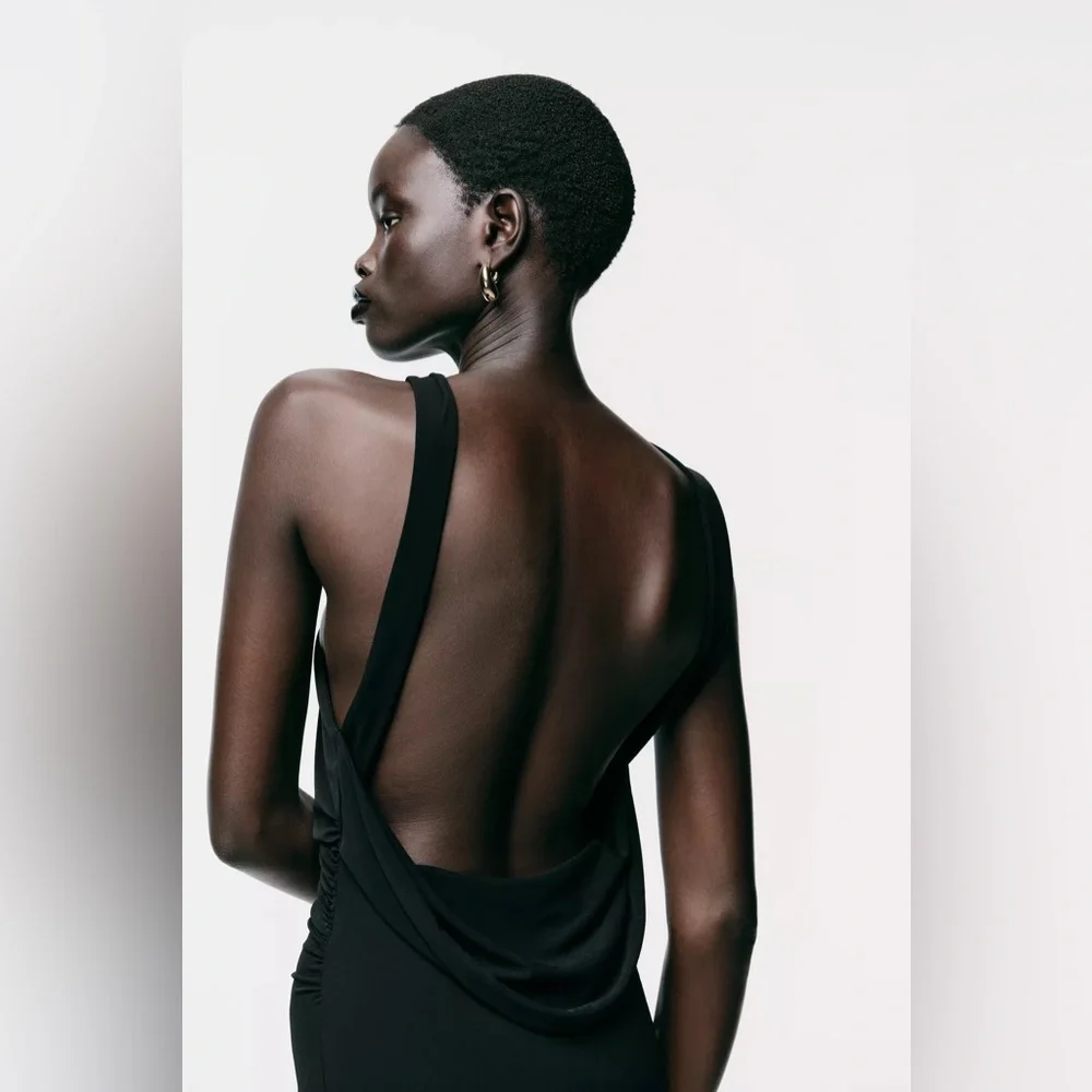 Zara Black Fitted Wrap Midi Dress Gold Neck Detail Criss-cross Back Slit NWT S